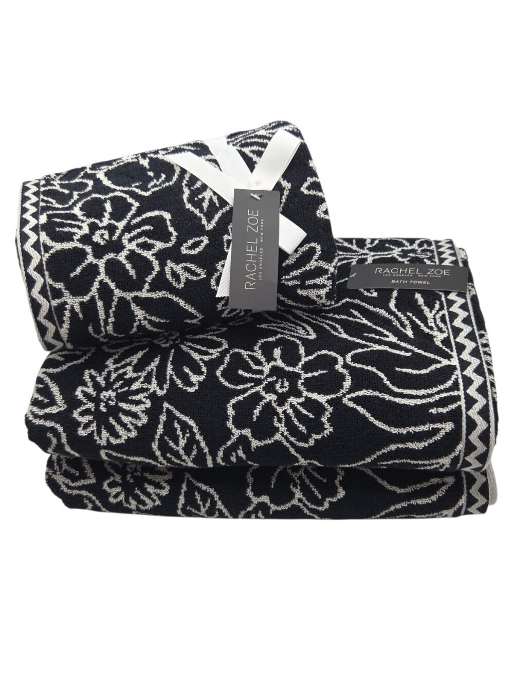 Rachel Zoe Black Ecru Floral Reversible Cotton Towel Set 4pc 2 Bath 2 Hand - Picture 11 of 12
